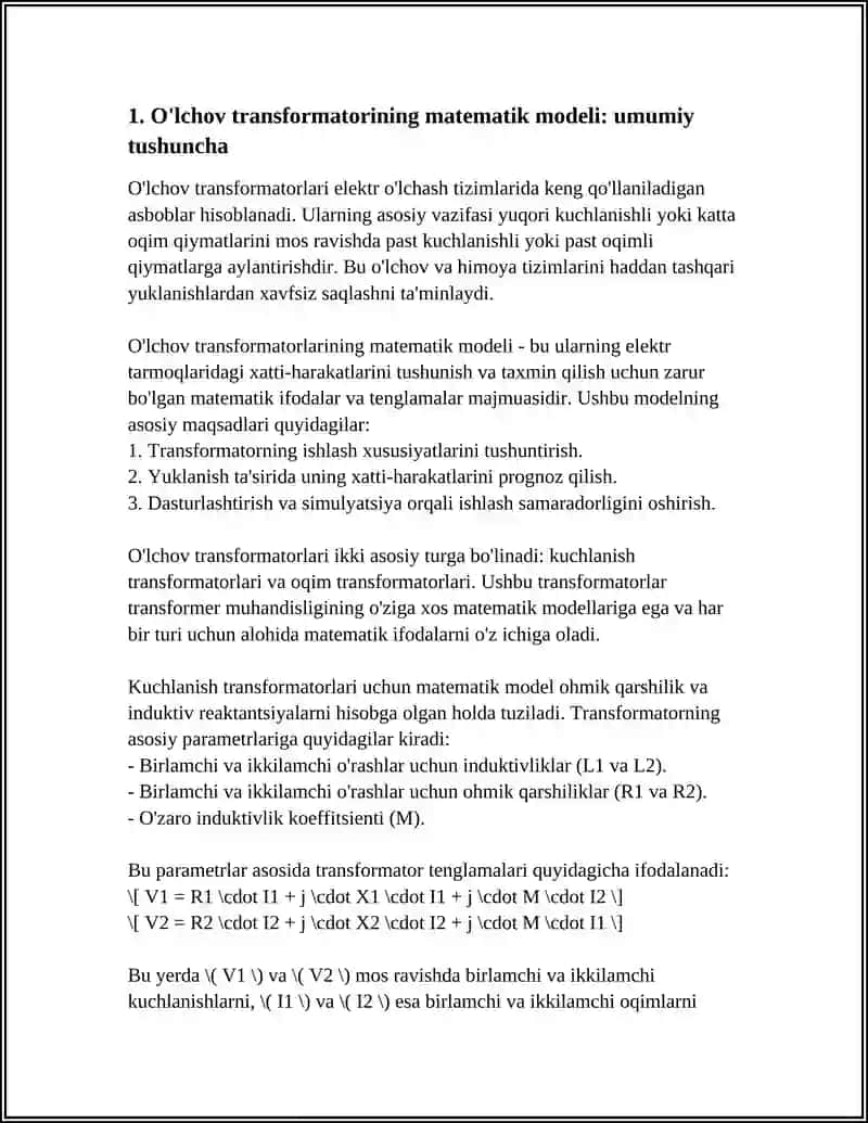 O'LCHOV TRANSFORMATORINING MATEMATIK MODELI 3