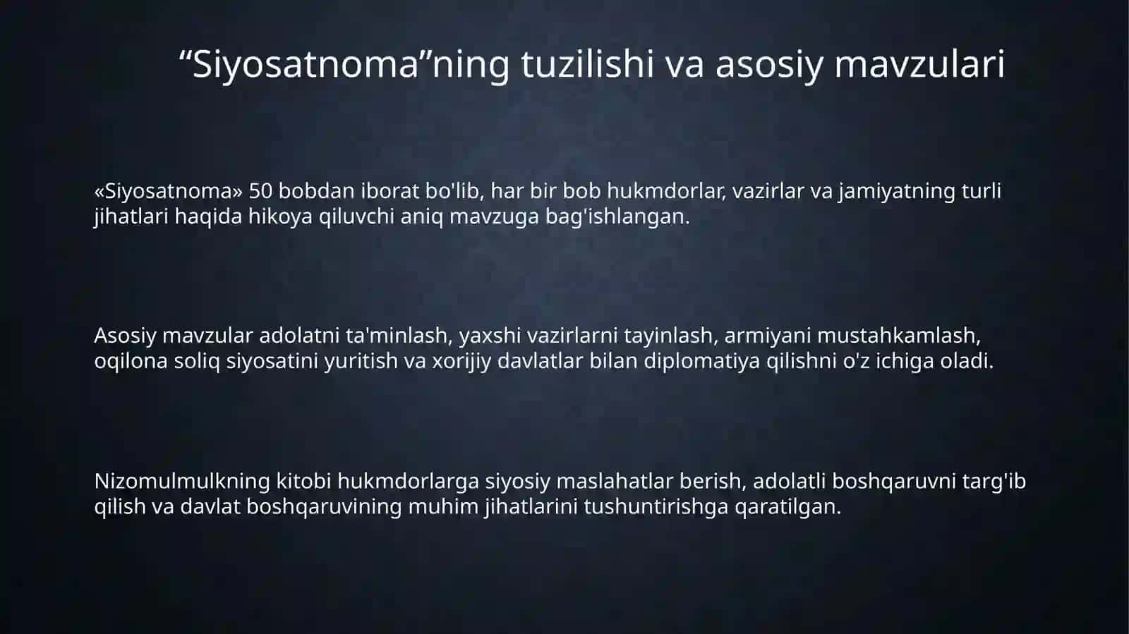 Nizomulmulkning,,Siyosatnoma" asardagi hikoyatlar tahlili 3