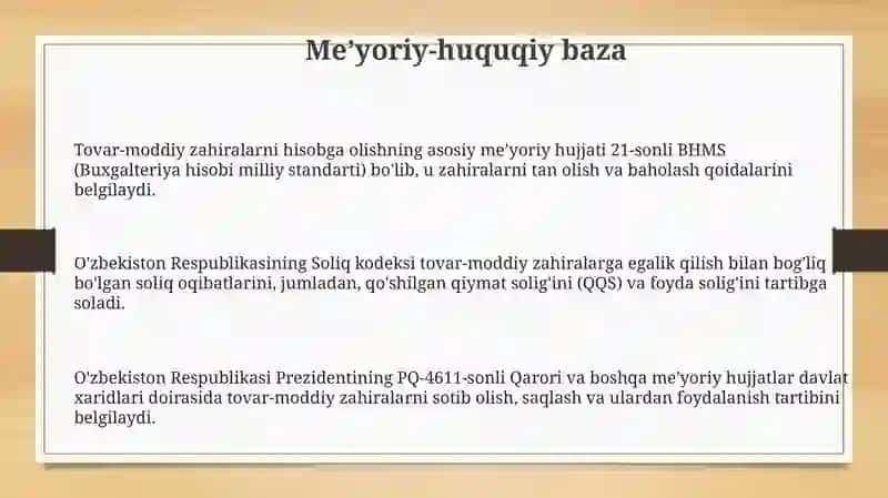 Tovar moddiy zaxiralarini qabul qilish va hisobga olish to'g'riligini tekshirish 3