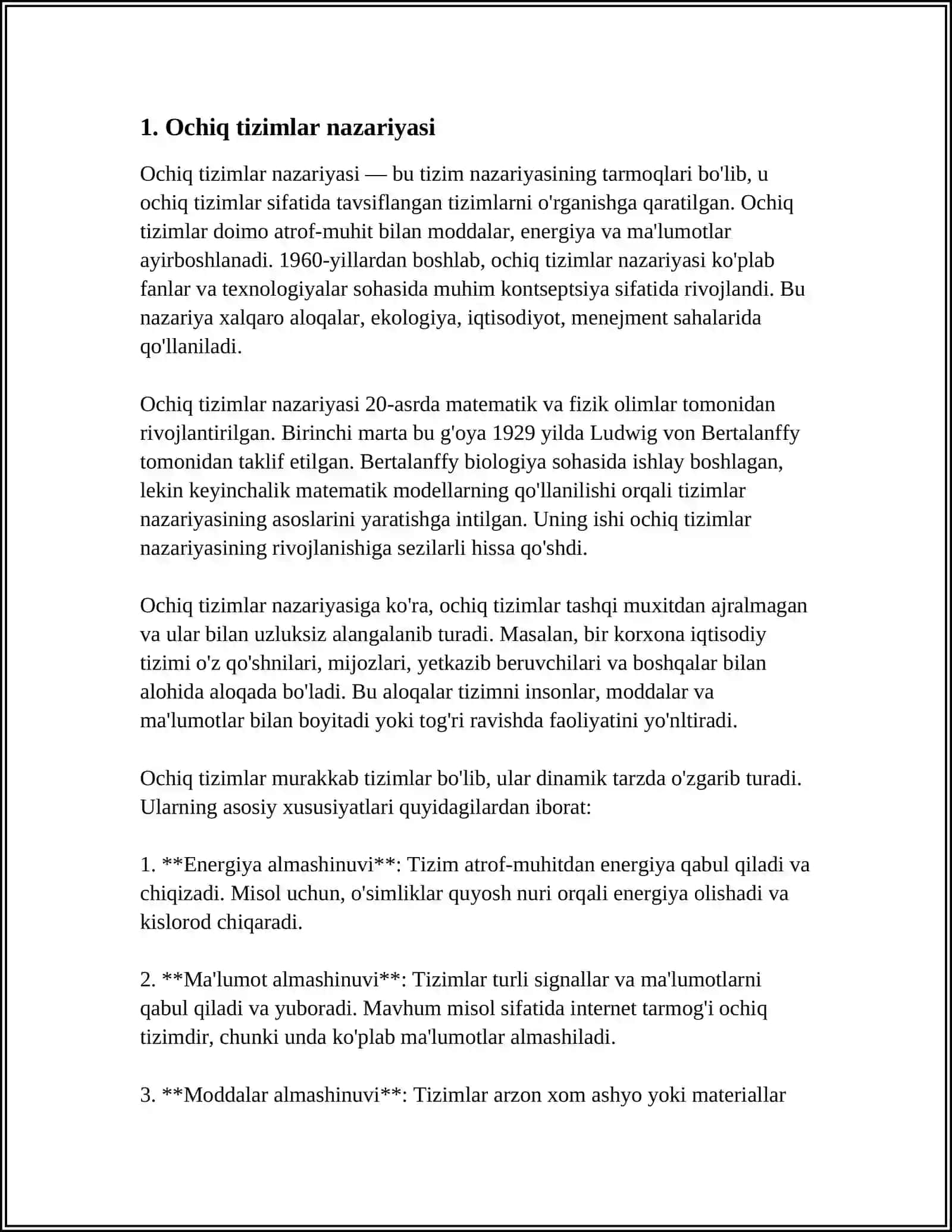 OCHIQ TIZMLARDA ENTROPIYANING LOKAL KAMAYISHI. DISSIPATIV STRUKTURALARI 3