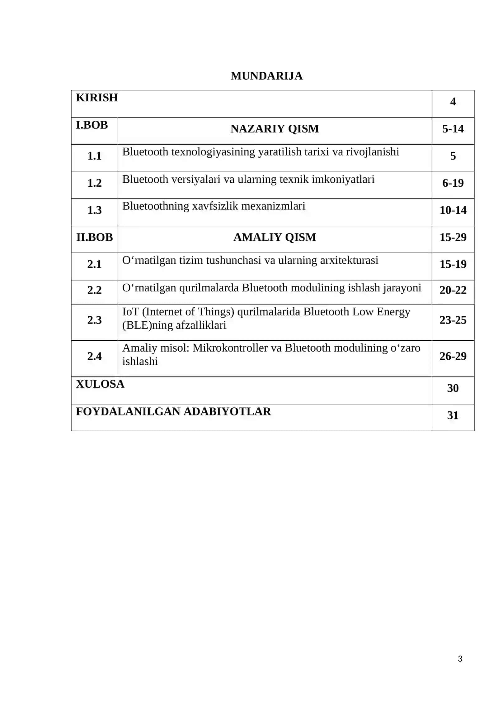 O‘RNATILGAN TIZIMLARDA BLUETOTH TEXNOLOGIYASI KURS ISHI ISHIGA HISOBOT YOZUVI 3