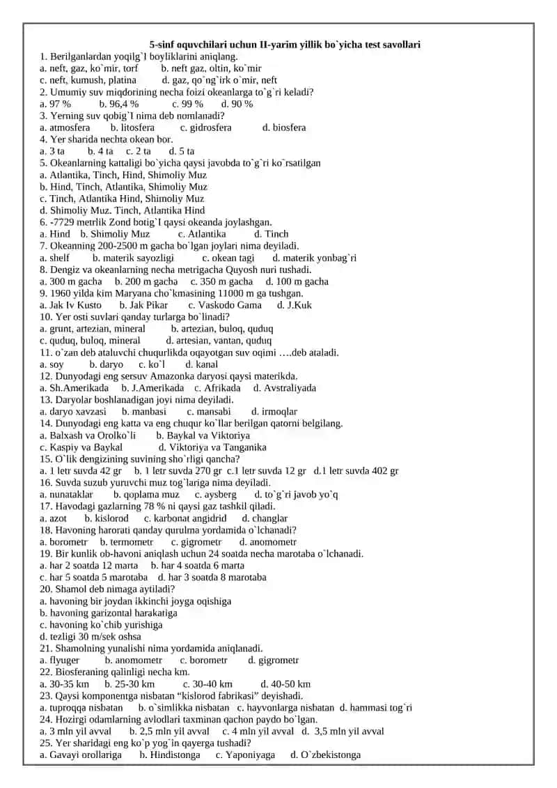 GEOGRAFIYA FANIDAN 5-sinf oquvchilari uchun I-yarim yillik bo`yicha test savollari 3