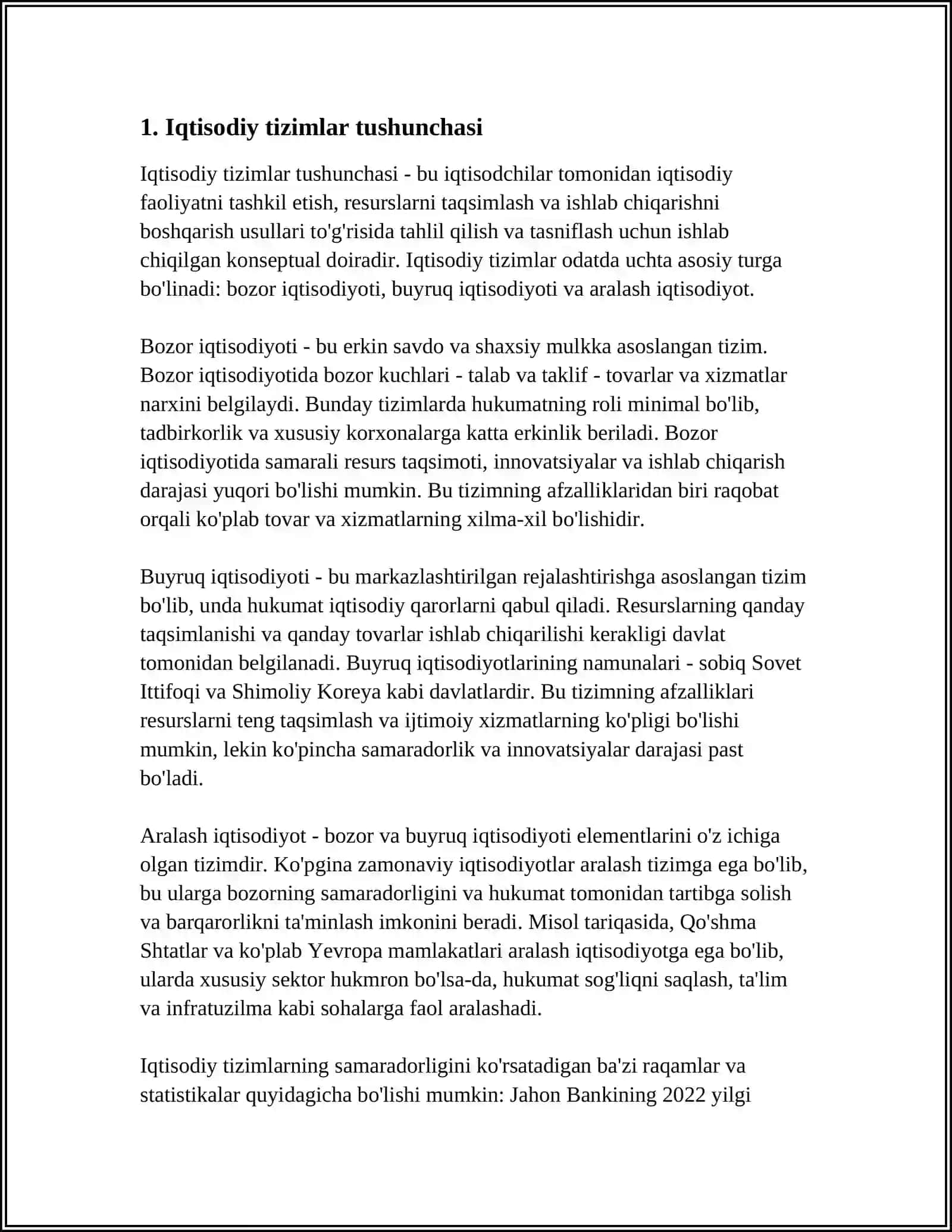 MUSTAQIL ISH Mavzu: IQTISODIY TIZIMLAR VA ULARNING TURLI MODELLARI 3