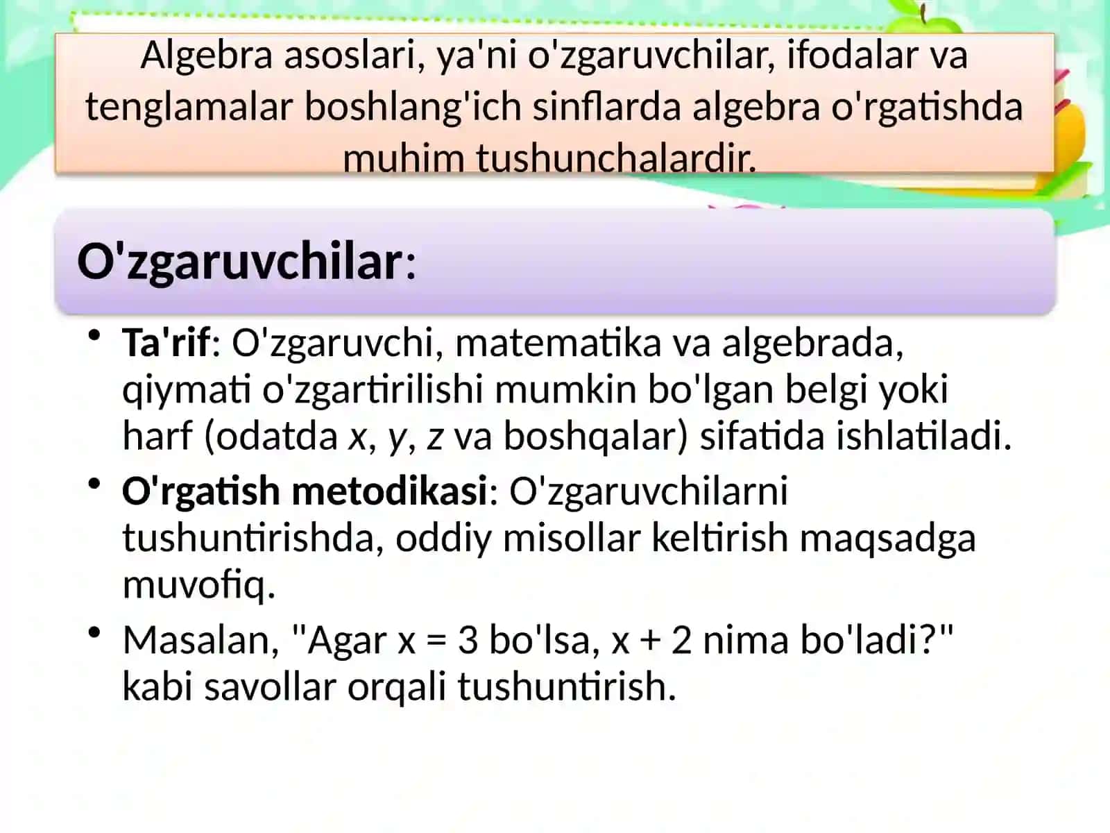 Algebra element o’rgatish metodikasi. Ulush va kasr. O’nli kasr 3