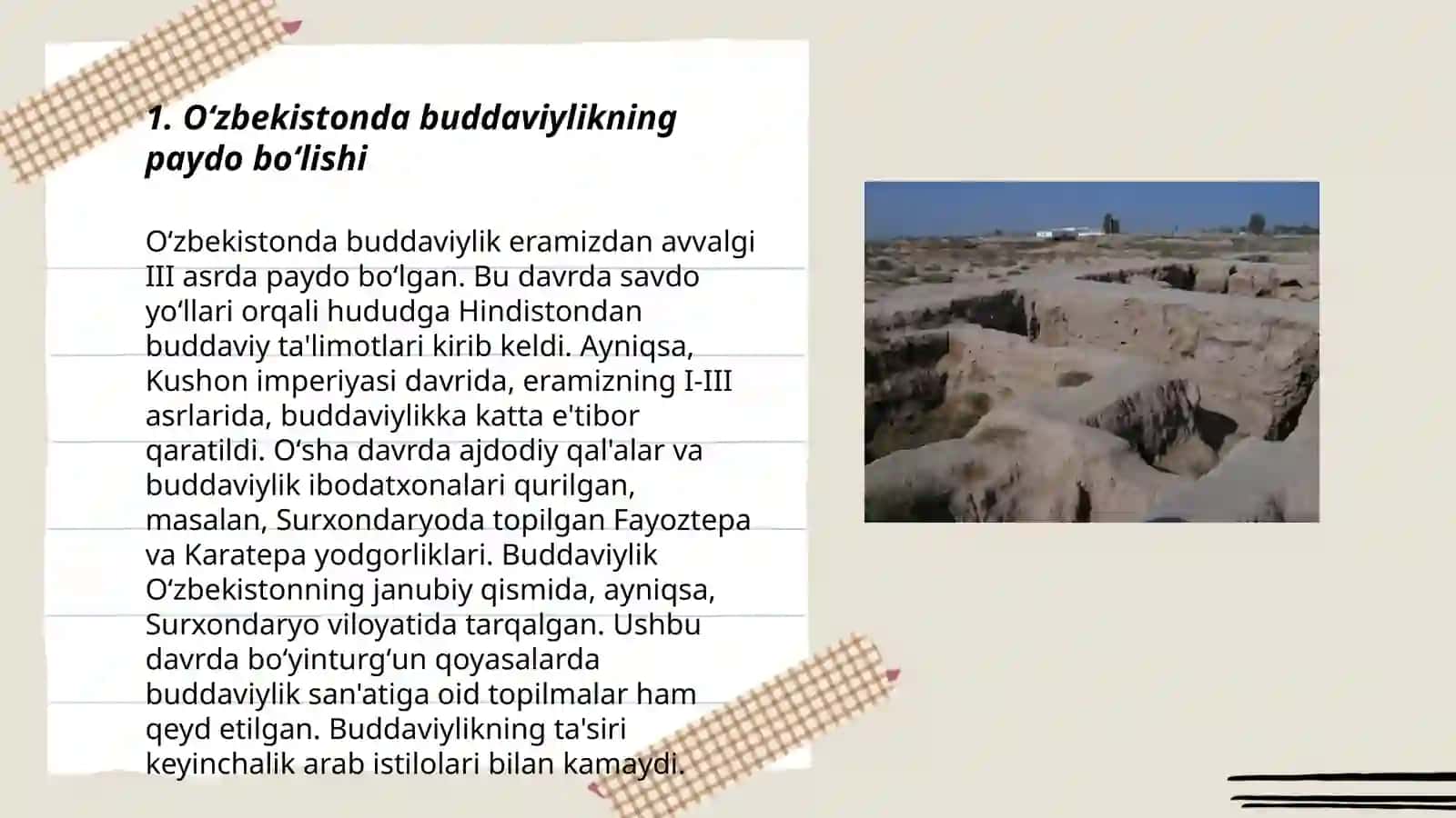 Oʻzbekistonda buddaviylik dinining tarixiy ildizlari (Qoratepa Fayoztepa va Dalvarzintepa)va hozirgi zamon 3