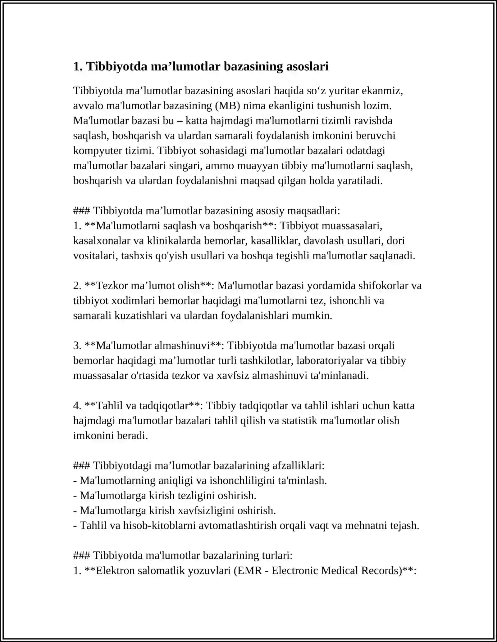 Tibbiyotda maʼlumotlar bazasi loyihalashtirish mutaxassis shifokorning malimotlar bazasini boshqaruvchi tizimdir 3
