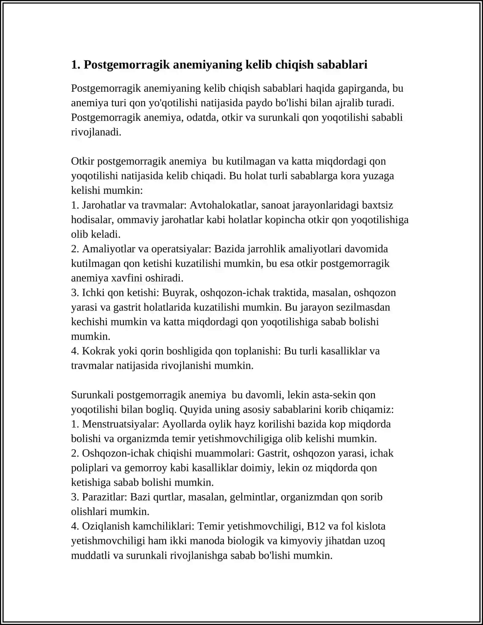 POSTGEMORRAGIK ANEMIYALARI ETIOLOGIYASI, PATOGENEZI, KLINIKA, TEKSHIRISH, DAVO USULLARI 3