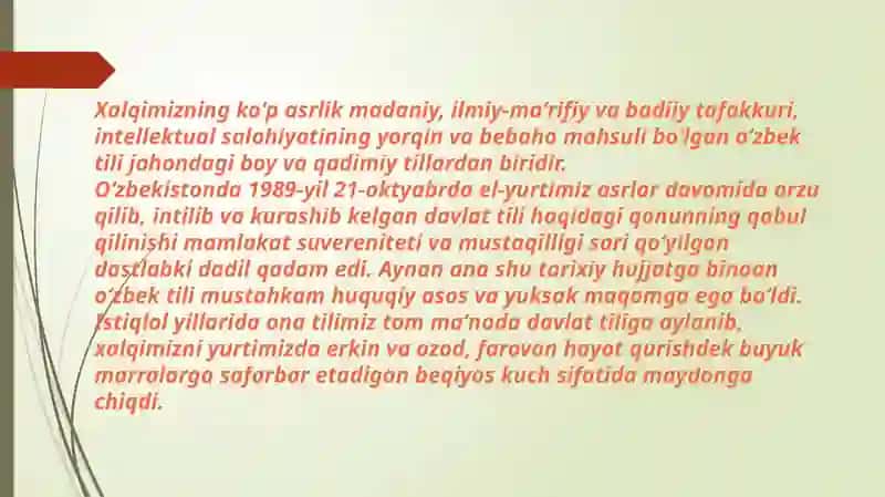 Respublikamizdao'zbektilinidavlattilisifatidaginufuzinioshirishbo'yichaqilinayotganishlarxaqidanutqtayyorlash 3