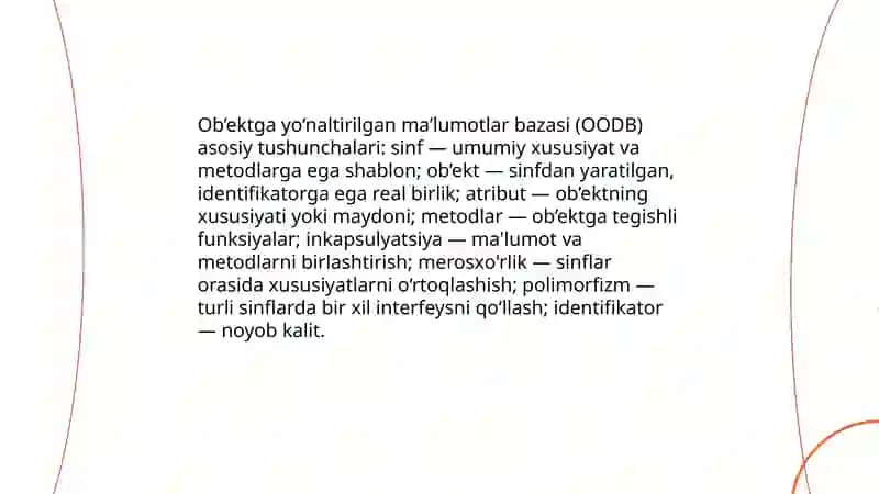Ob’ektga yo‘naltirilgan ma’lumotlar bazasi 3