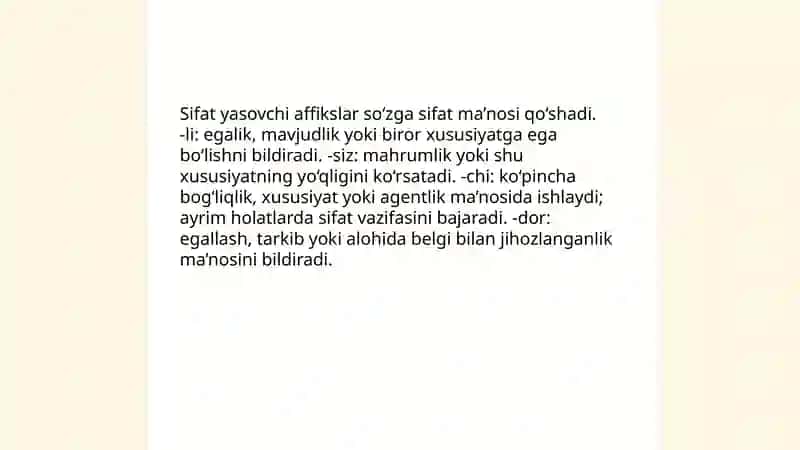 Sifat yasovchi affikslar. Sifatlarda ifodalovchi shakllar 3