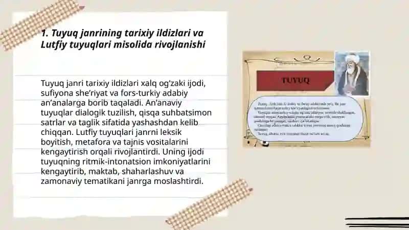 Tuyuq janri tahlili (Lutfiy tuyuqlari misolida). Tuyuq va tajnis 3