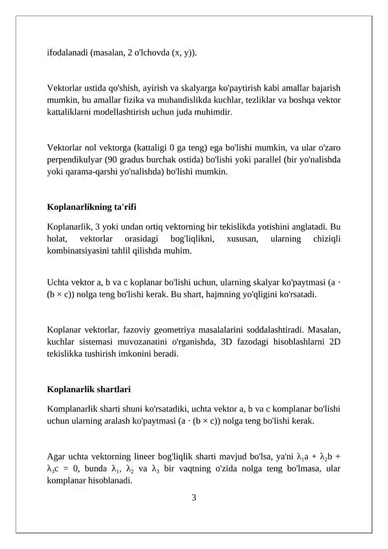 Vektorlarning komplanarlik va kollenarlik shartlarining grafik tasviri va ahamiyati 3