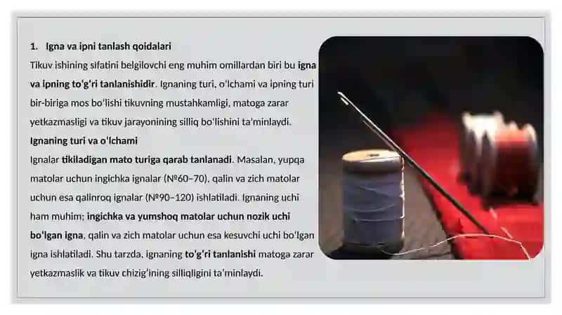 Igna ip va tikuv mashinalarni tanlash gazlamaning oʻngini tanlash,dekatirofkasi 3