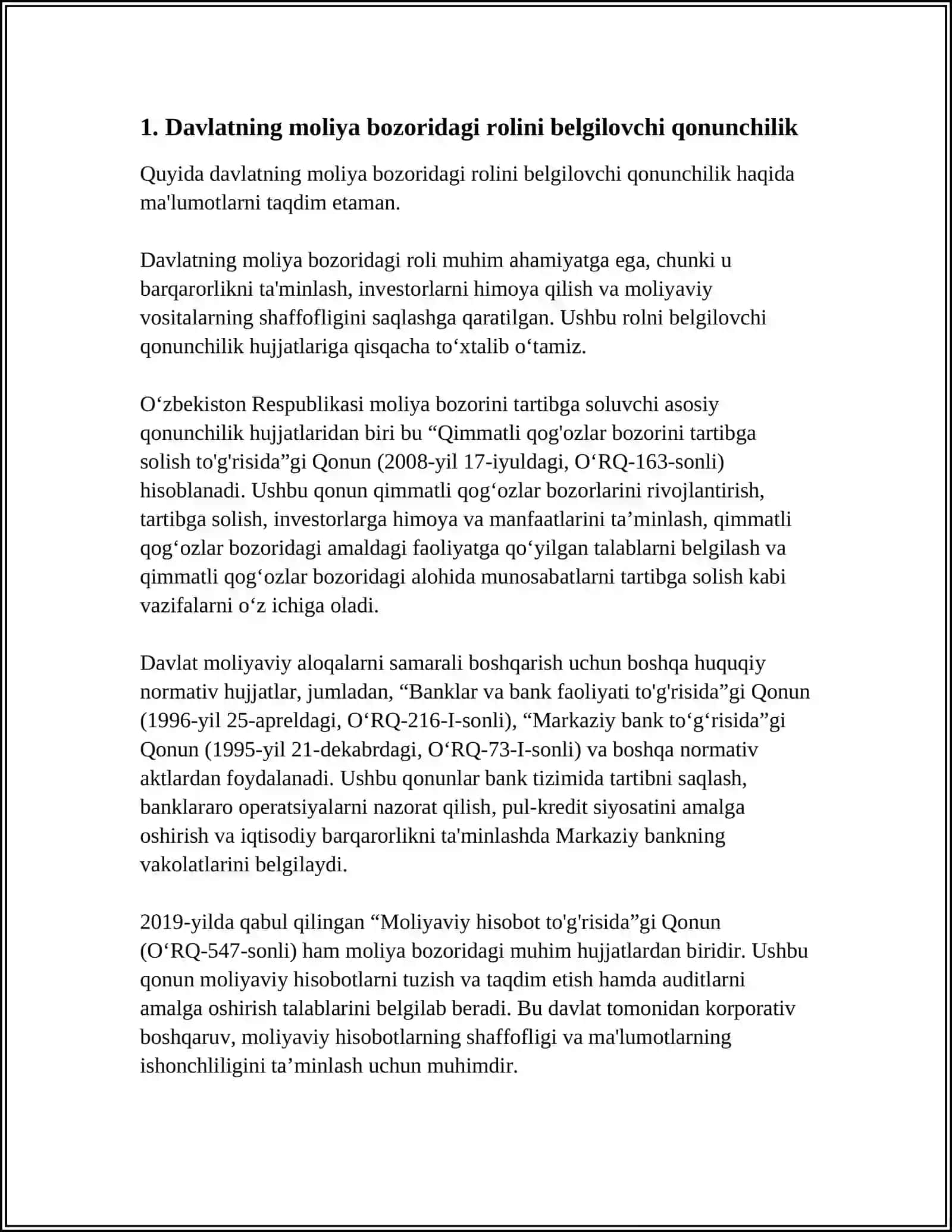 Davlatning moliya bozoridagi rolini belgilovchi qonunchilik 3