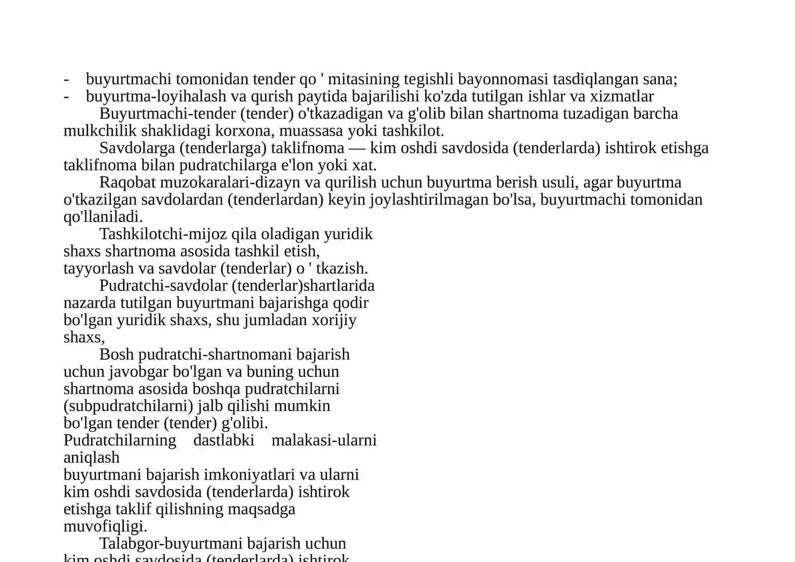 YO'L QURILISHIDA TENDER SAVDOLARI VASHARTNOMA MUNOSABATLARI 3