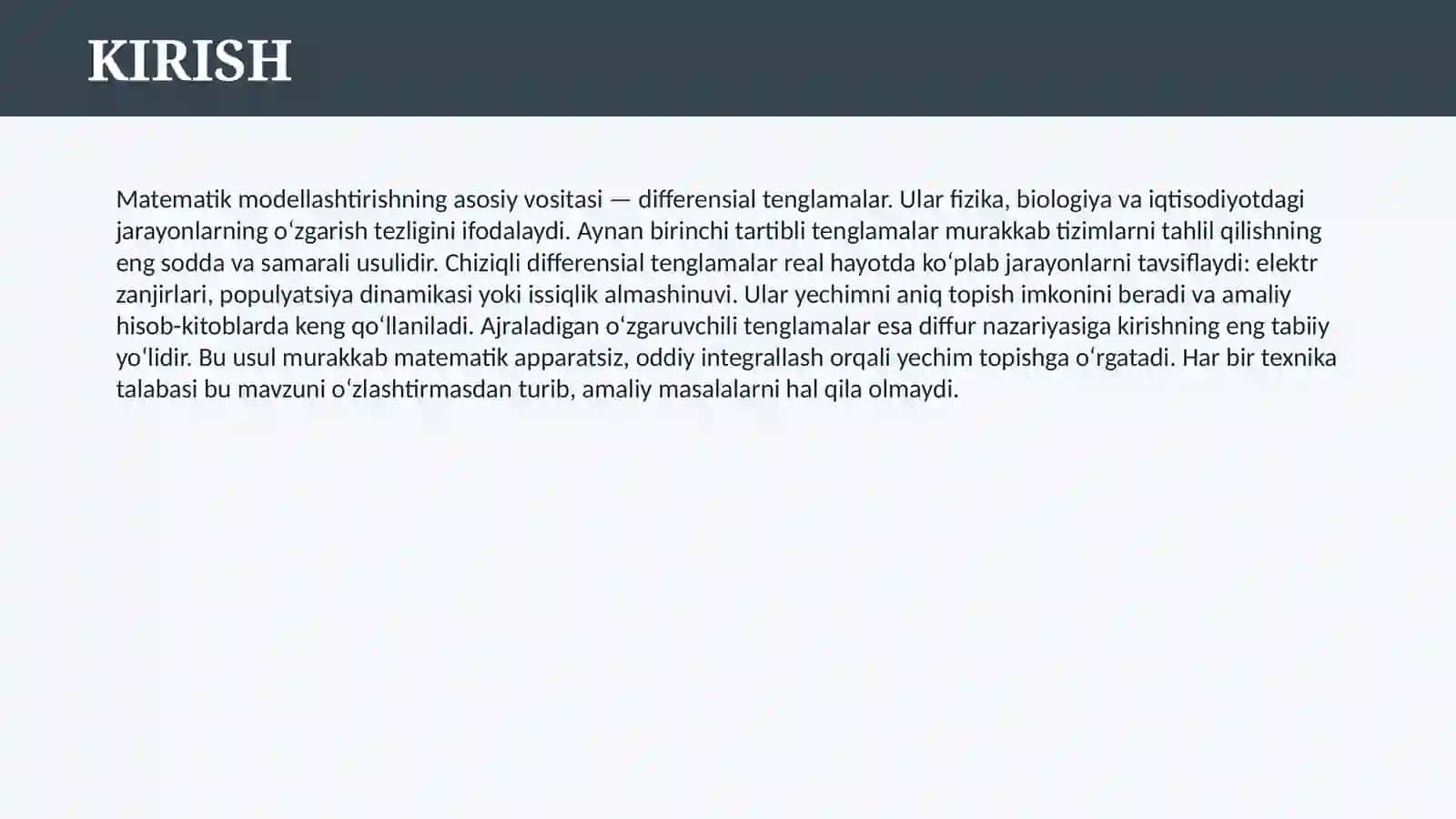 BIRINCHI TАRTIBLI DIFFЕRЕNSIАL TЕNGLАMАLАR. CHIZIQLI DIFFERENSIAL TENGLAMALAR. AJRALADIGAN DIFFERENSIAL TENGLAMALAR 3