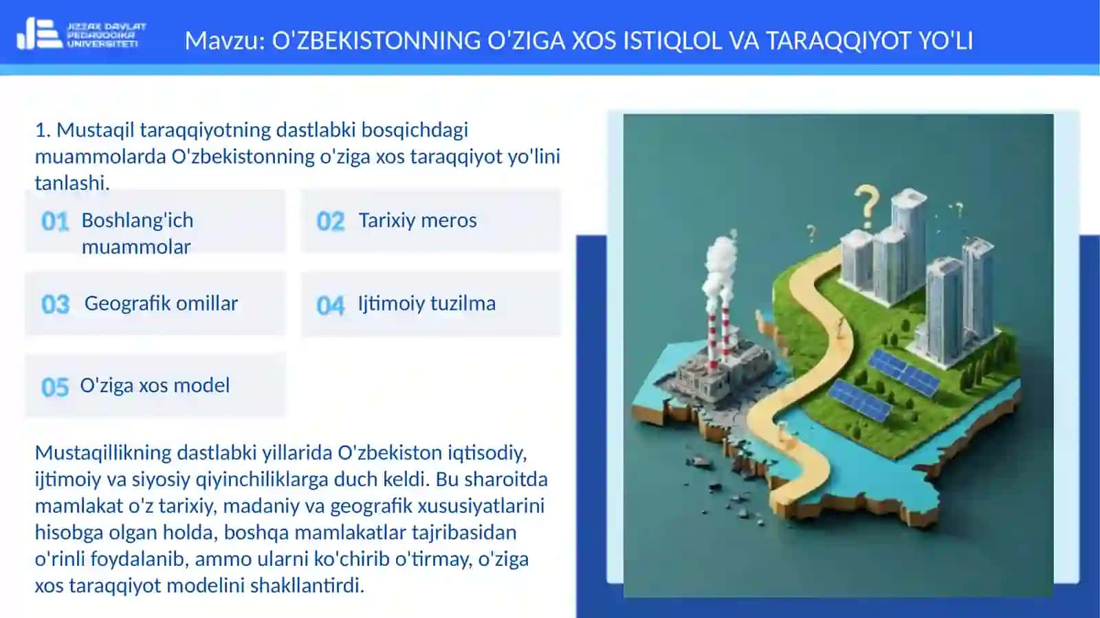 O'ZBEKISTONNING O'ZIGA XOS ISTIQLOL VA TARAQQIYOT YO'LI 3