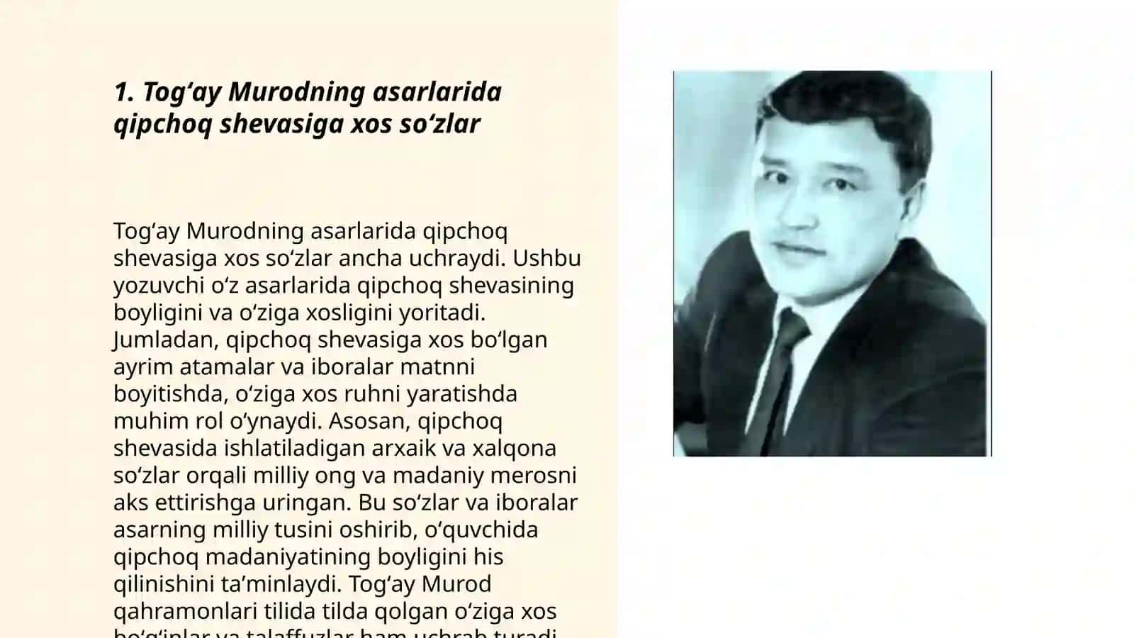 Togʻay Murod va Normurod Norqobilov asarlaridan qipchoq shevasiga xos til birliklarini topish va tahlil qilish 3