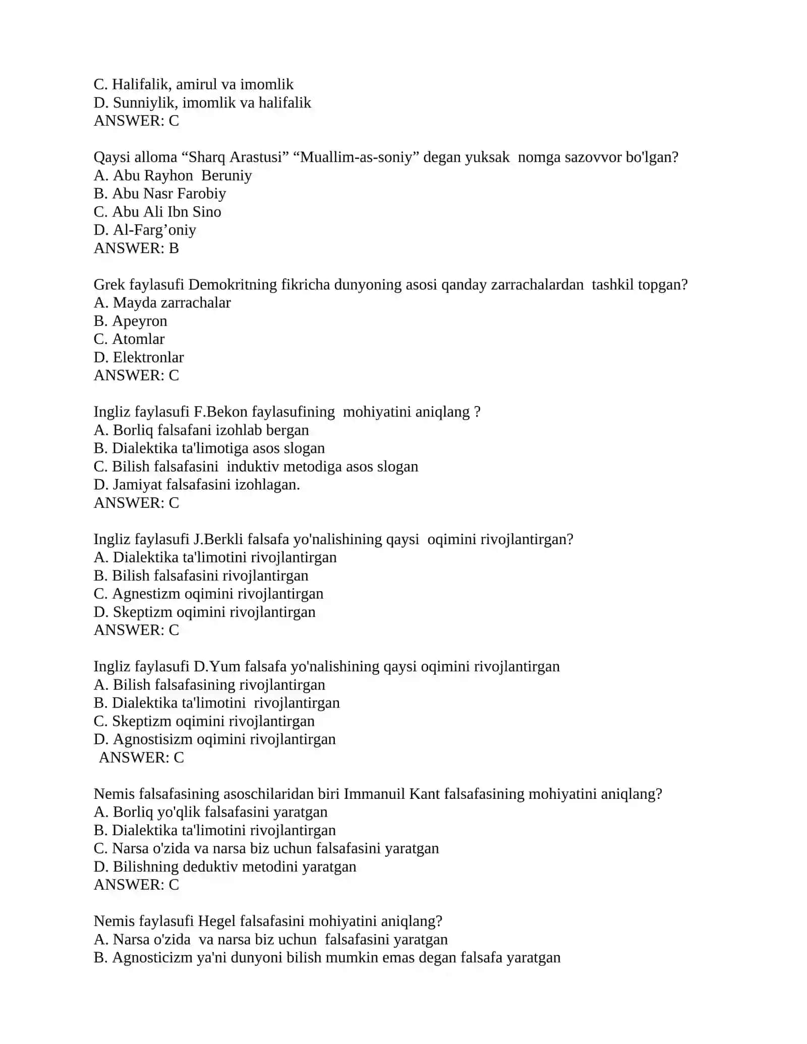 Falsafa fanidan yakuniy baholash uchun test savollari 3