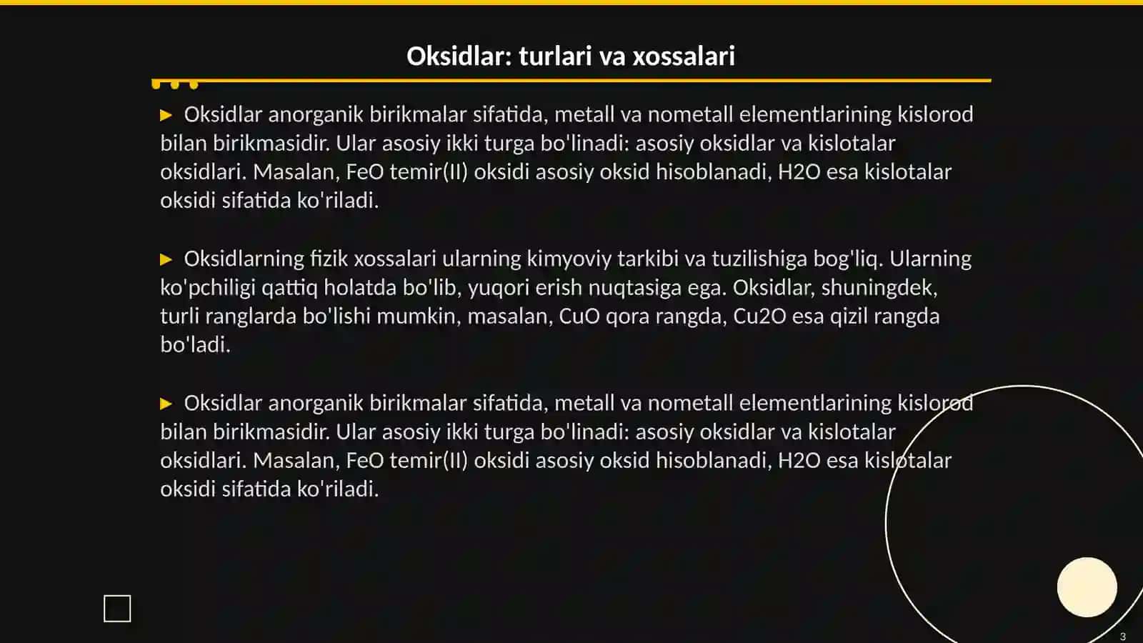 Anorganik birikmalarning eng muhim sinflari oksid,kislota, va tuzlar ularning olinishi, fizik va kimyoviy xossalari 3