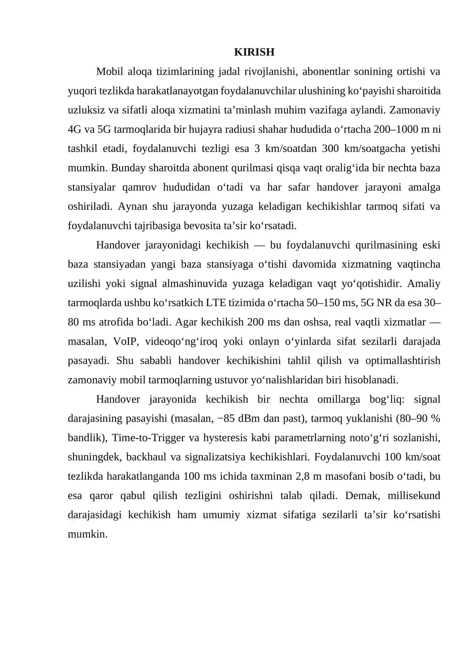 Handover jarayonida kechikish tahlili 3