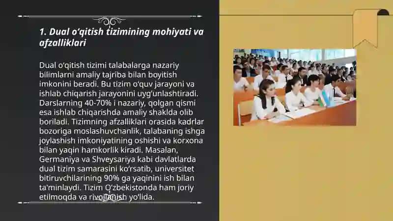 Professional talimga dual oʻqitish tizimini tadbiq etish istiqbollari Oliy talim va Baloniya istiqbollari 3