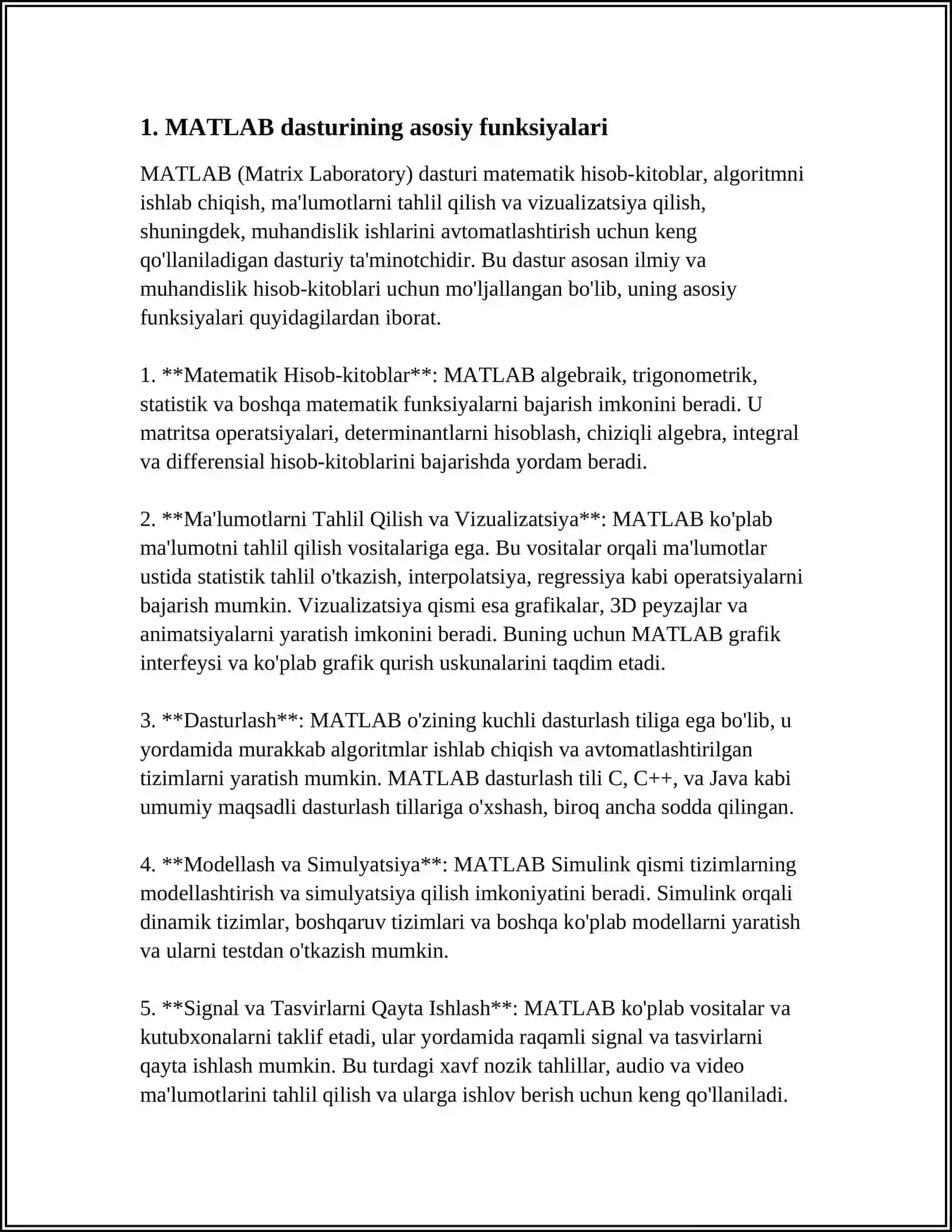 MUSTAQIL ISH Mavzu: MATLAB DASTURINING IMKONIYATLARI 3