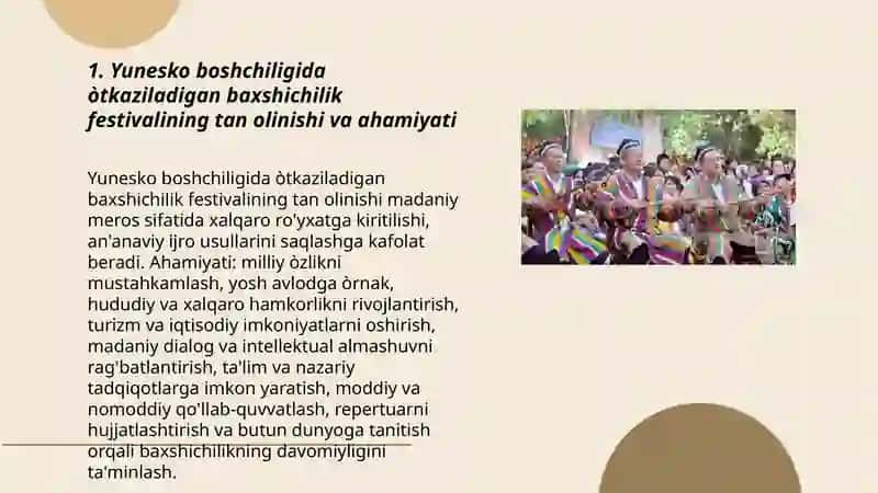 Yunesko boshchiligida òtkaziladigan baxshichilik festivalining tan olinishi va ahamiyati 3