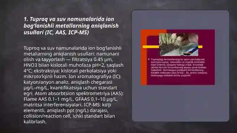 Tuproq va suvning ifloslanishida ion bog'lanishli birikmalarni aniqlab, ulardan tozalash usulini ishlab chiqish 3