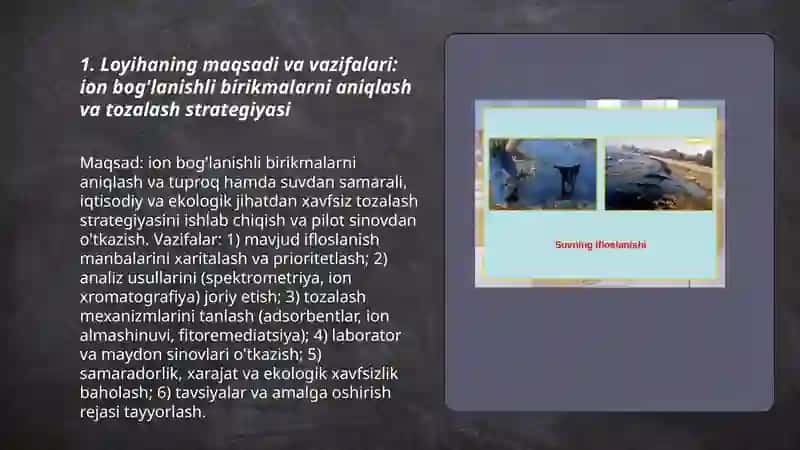 Tuproq, suvning ifloslanishida ion bog'lanishli birikmalarni aniqlab ulardan tozalash g'oyasini ishlab chiqish 3