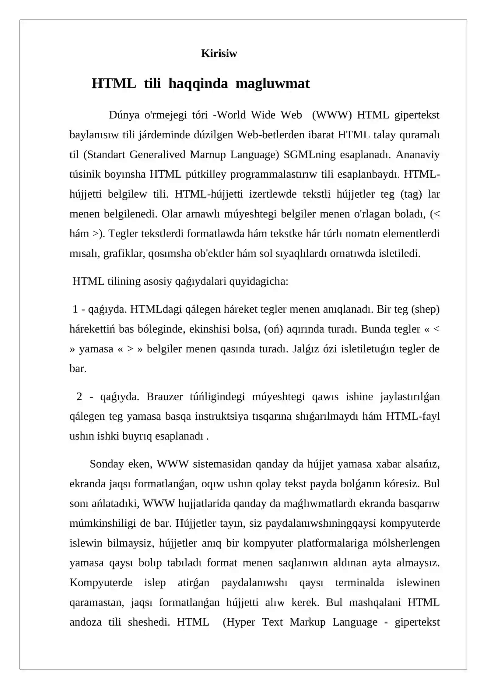 HTML tilida Web-sahifati yaratish: gipermatn, teglar, atributlar, sarlavhalar, kashtalar, rasmlar, freymlar 3