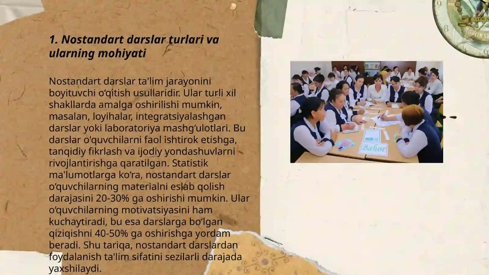 Nostandart darslarning òziga xos xususiyatlari. Pedagogik kasbiy kompetentligi yònalishlari va tuzilishi. Pedagog potfoliosi haqida tushuncha. Xalqaro baholash dasturlari 3
