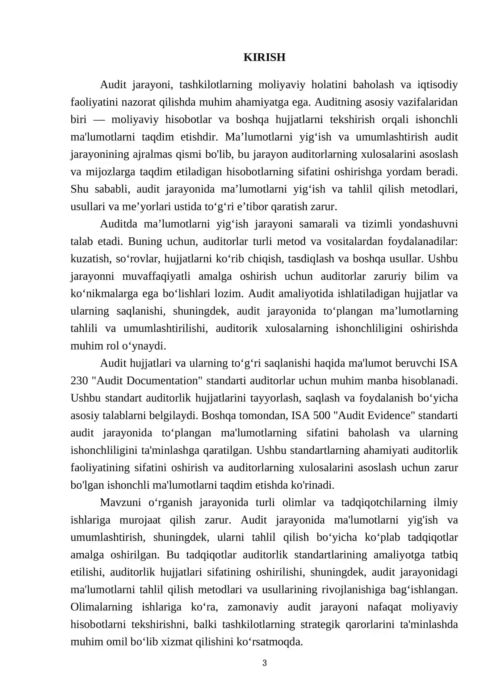 Auditda maʼlumotlarni yigʻish va umumlashtirish. ISA 230 Audit Documentation hamda ISA 500 3