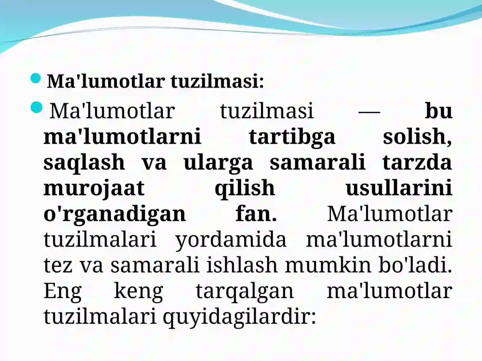 Ma’lumotlar turlari va algoritmlari. Kirish, o‘zgaruvchilar va ma’lumotlarni saqlash tuzilmalari 3