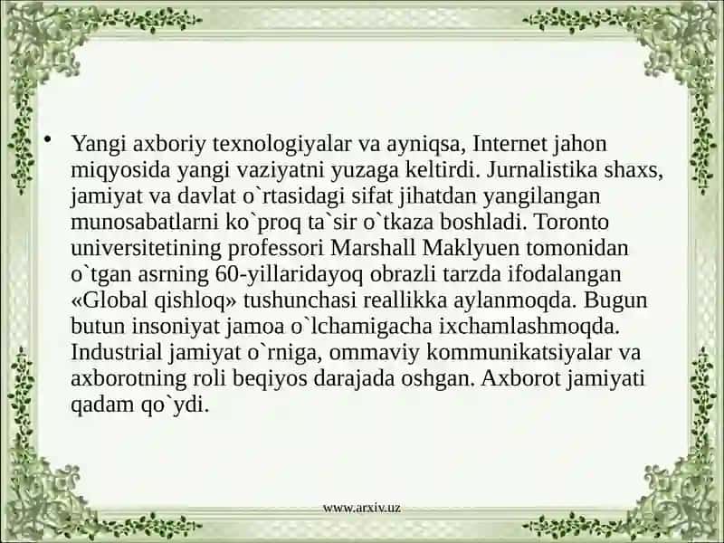 O’zbekistonda ommaviy axborot vositalarining faoliyati ( o’zgarish va muammolar) 3