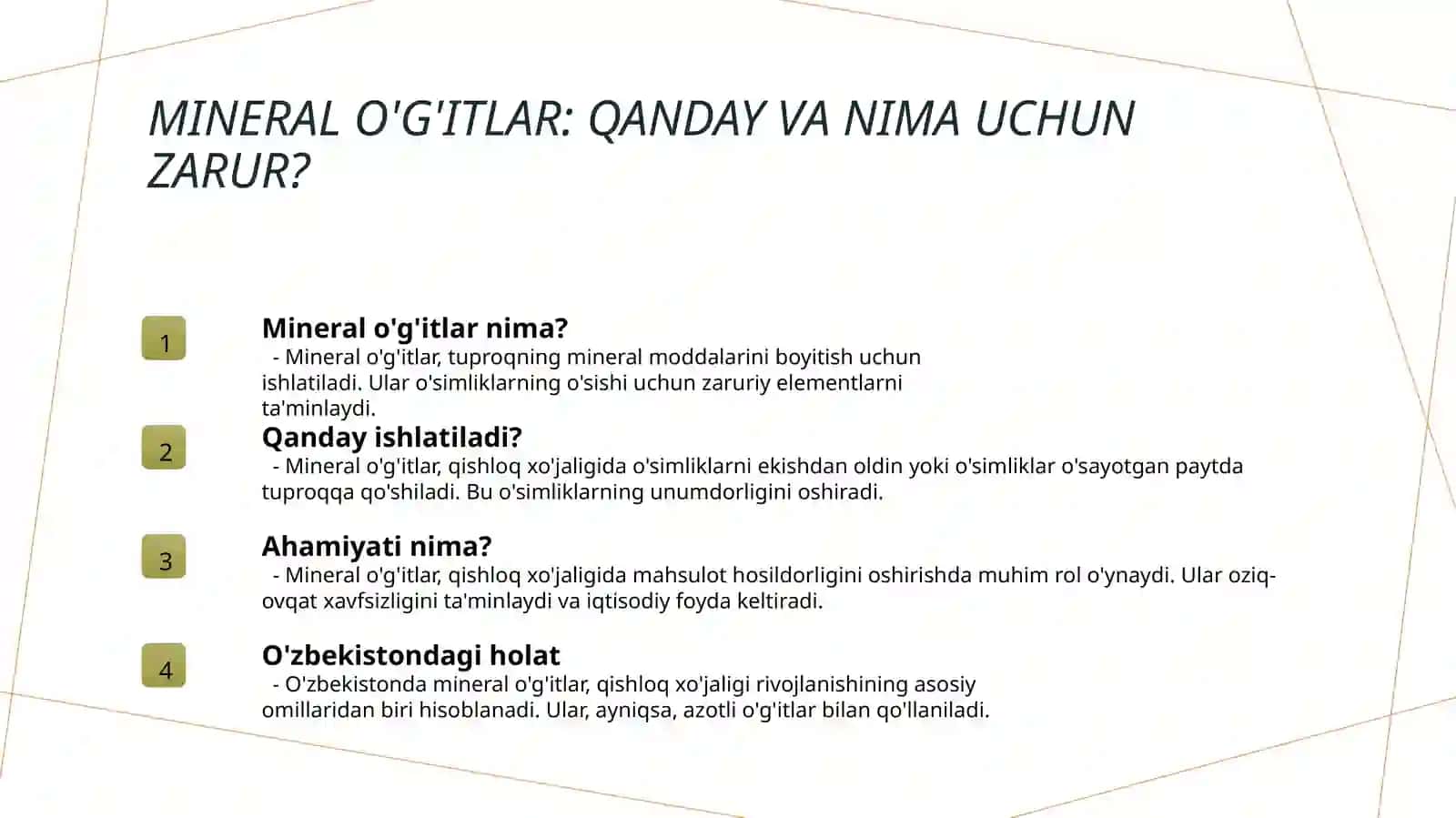 Mineral o'g'itlar haqida tushuncha. Azotli o'g'itlar 3