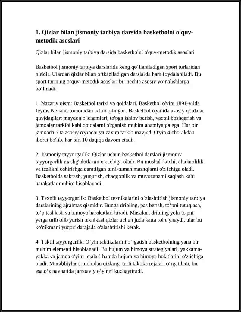 QIZLAR BILAN JISMONIY TARBIYA DARSIDA BASKETBOL O'YININI TASHKIL QILISH VA OʻTKAZISH METODIKASI 3