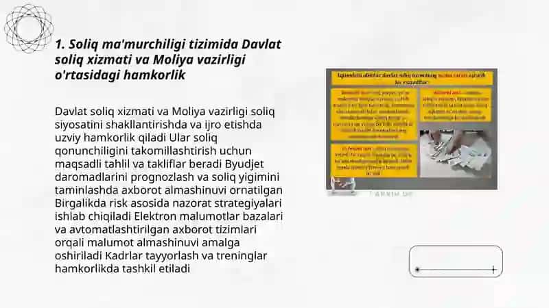 Soliq ma'murchiligi tizimida davlat soliq xizmati organlari bilan boshqa organ va tashkilotlarning o'zaro hamkorligi 3