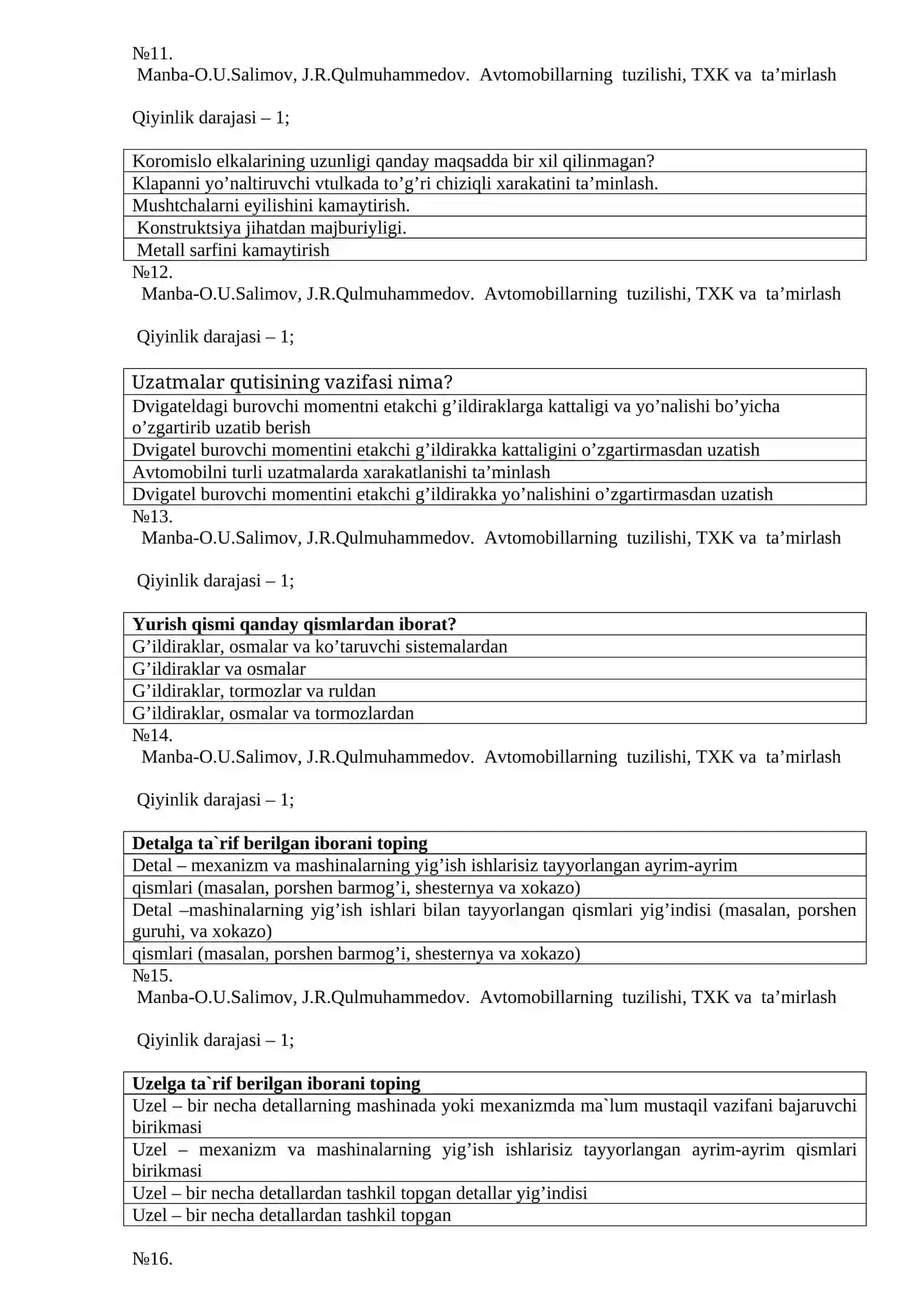 B” TOIFALI TRANSPORT VOSITALARINI TUZILISHI VA ULARGA TEXNIK XIZMAT KO’RSATISH 3