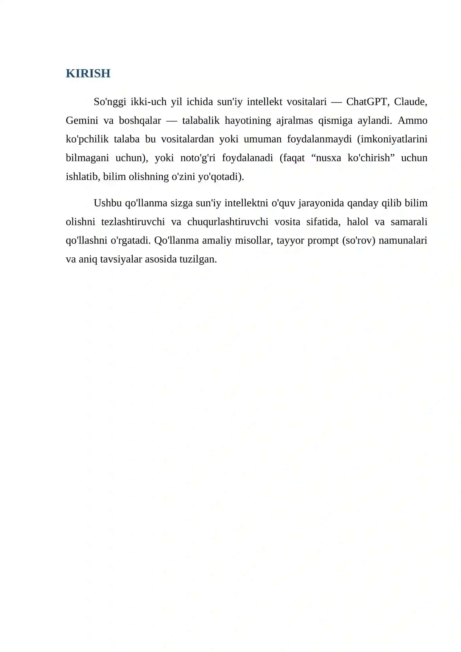Talabalar uchun sun'iy intellekt (ChatGPT, Claude) dan to'g'ri va samarali foydalanish qo'llanmasi — amaliy prompt namunalari bilan 3