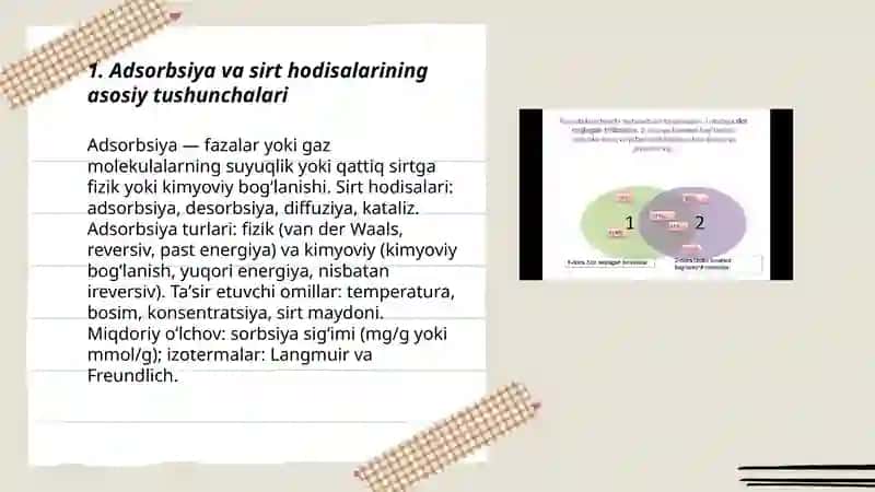 Sirt hodisalar va adsorbsiya.Xromatografiya.Adsobrisyadan sifat reaksiyalari.Adsorbsiyani miqdoriy jihatdan baholash. Xurramova Madina 3