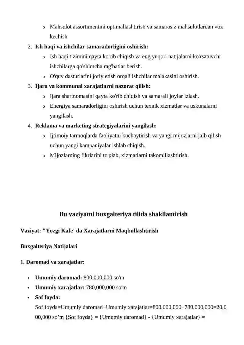 Yozgi kafe "Xarajatlarni Maqbullashtirish va Samaradorlikni Oshirish" masalasi 3