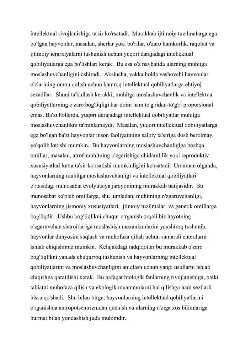 Hayvonlarning muhitga moslashuvchanligi va intellektual qobiliyatlari o'rtasidagi bog'liqlikni o'rganish 3