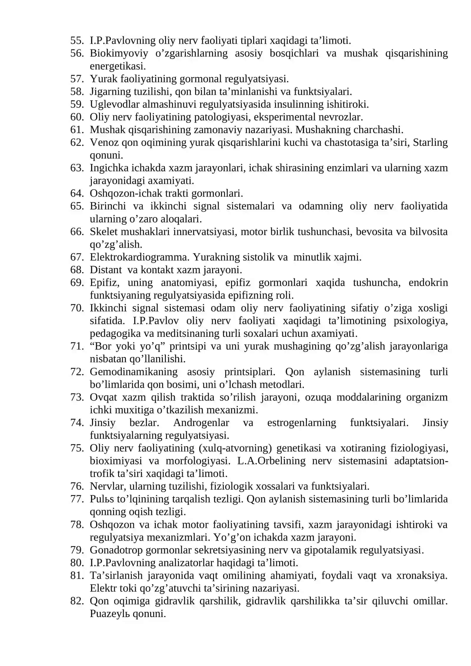 FIZIOLOGIYA fanidan savollar to`plami 3
