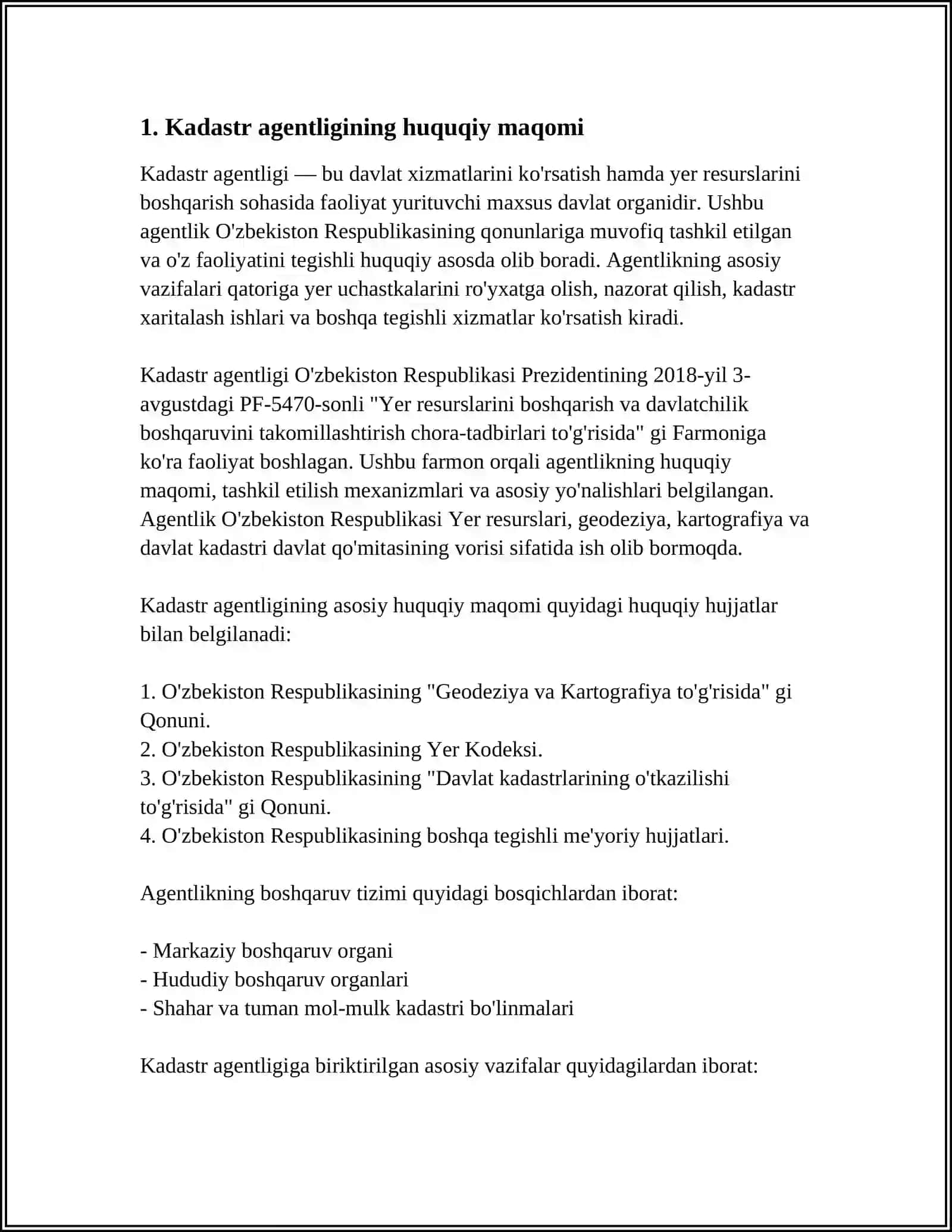 KADASTR AGENTLIK MARKAZIY APPARATINING HUQUQI VA JAVOBGARLIGI. AGENTLIK FAOLIYATINI TASHKIL ETISH 3