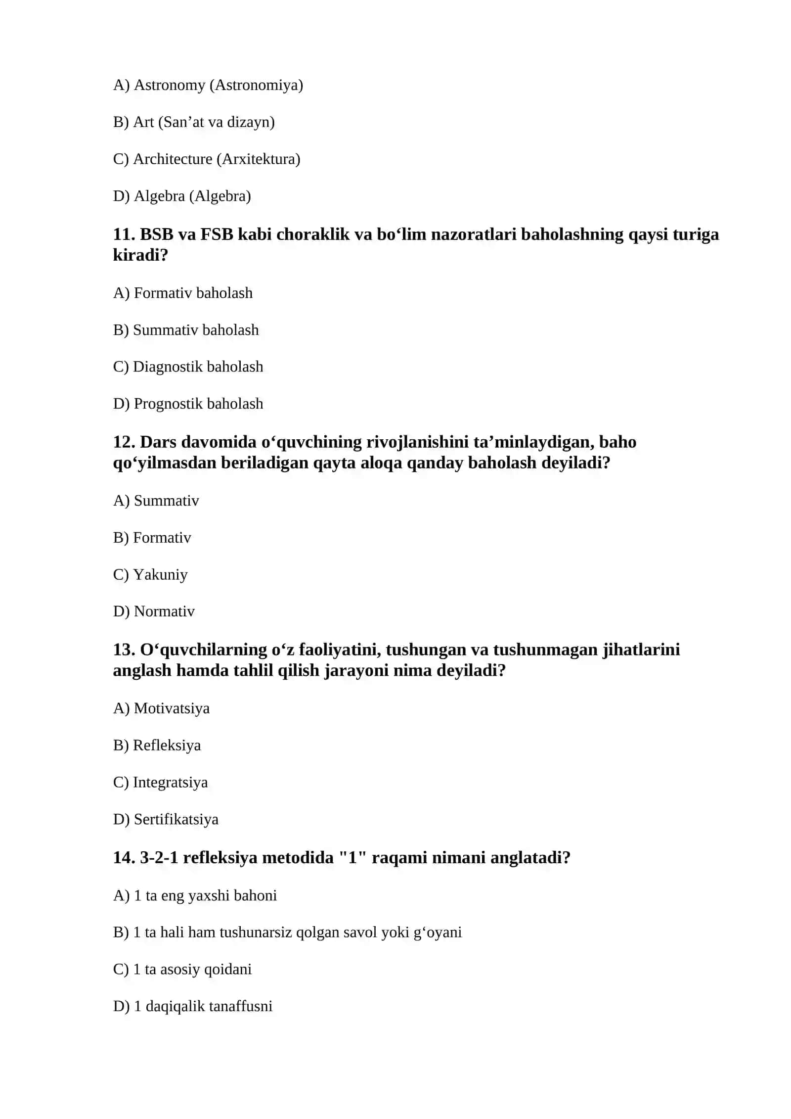 Pedagogik Mahorat va Zamonaviy Taʼlim Texnologiyalari Boʻyicha Test 40 talik.oxirida javoblar kaliti bilan 3