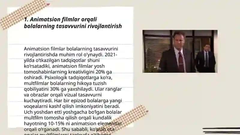 Oʻquv ekranida namoyish etiladigan kinolentalar yordamida mashgʻulotlar tashkil etish. 3