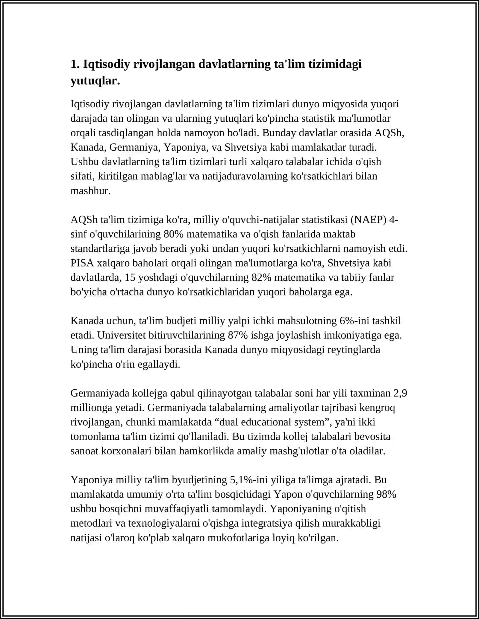 IQTISODIY RIVOJLANGAN DAVLATLAR TAʼLIM TIZIMI VA ULARNING OʻZIGA XOSLIKLARI. MUSTAQIL OʻZBEKISTONDA TAʼLIM SOHASIDA AMALGA OSHIRILGAN ISLOHOTLAR 3