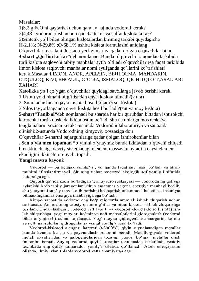7-sinf Kimyo fanidan "Vodorodni olinishi va xossalari.Ishlatilishi" darsi ishlanmasi 3