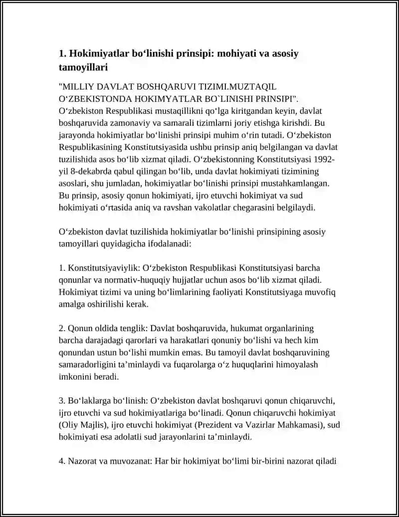 MILLIY DAVLAT BOSHQARUVI TIZIMI.MUZTAQIL OʻZBEKISTONDA HOKIMYATLAR BO`LINISHI PRINSIPI 3
